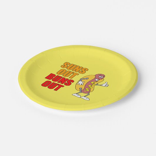 Sonne-heraus Brötchen-heraus lustiger Würstchen Pappteller (Schrägansicht)