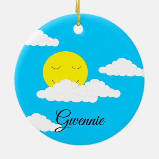 Sonne mit puffigen Wolken: Türkis Keramik Ornament (Hinten)