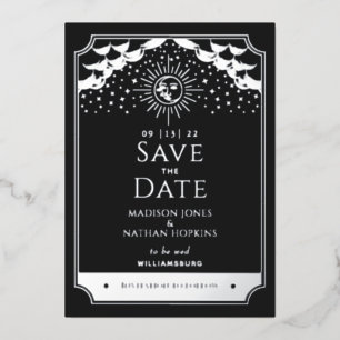Sonne Mond Tarot Hochzeit Silber Schwarz Save the  Folieneinladung