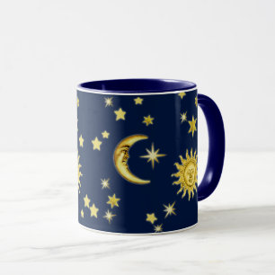 Sonne, Mond und Sterne auf dunkelblau Tasse