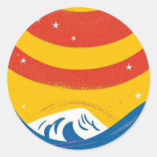 Sonne, Sterne und Wellen Runder Aufkleber