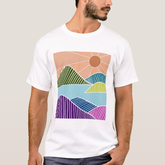 Sonne über Fluss und Berglandschaft T-Shirt (Vorderseite)