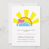 Sonne und kleiner Vogel auf der Cloud Baby Dusche Einladung (Vorderseite)