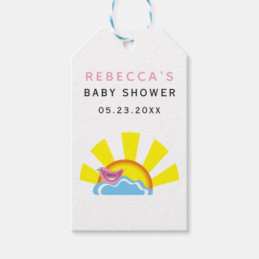 Sonne und kleiner Vogel auf der Cloud Baby Dusche Geschenkanhänger (Vorderseite)