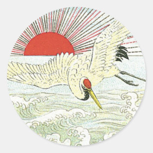 Sonne und Kranich Vogel Vintage Japanisches Seiden Runder Aufkleber
