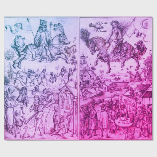 SONNE UND MOND Antike Blaue Lila Astrologie Zeichn Geschenkpapier (Flach)