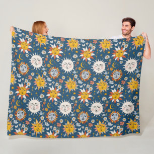 Sonne und Mond Floral in Blau und Gelb Fleecedecke