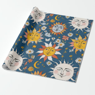 Sonne und Mond Floral in Blau und Gelb Geschenkpapier