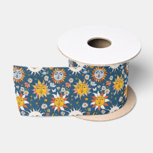 Sonne und Mond Floral in Blau und Gelb Satinband