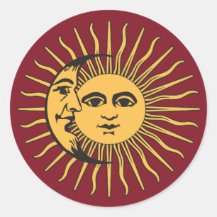 Sonne und Mond Gesicht Boheme Vintage Gold & Rot Runder Aufkleber