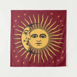 Sonne und Mond Gesicht Boho Vintage Gold & Rot Wandteppich