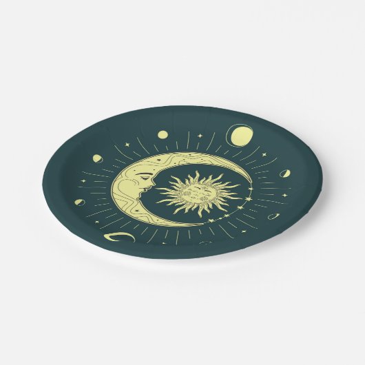 Sonne und Mond Himmelsdesign mit Mondphasen Pappteller (Schrägansicht)