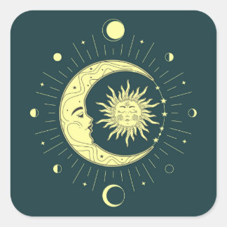 Sonne und Mond Himmelsdesign mit Mondphasen Quadratischer Aufkleber