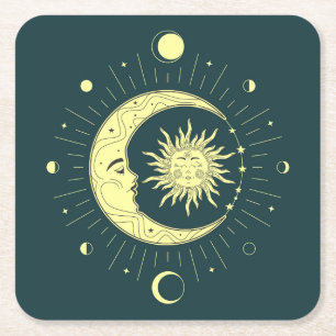 Sonne und Mond Himmelsdesign mit Mondphasen Rechteckiger Pappuntersetzer