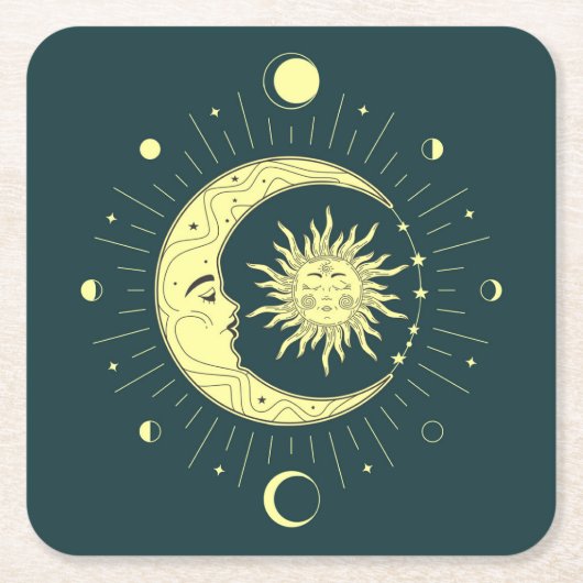 Sonne und Mond Himmelsdesign mit Mondphasen Rechteckiger Pappuntersetzer (Vorderseite)