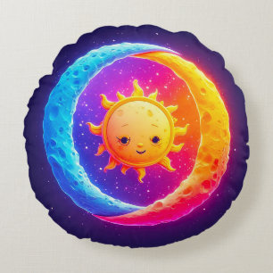 Sonne und Mond in stellarer Harmonie Whimsical Rundes Kissen