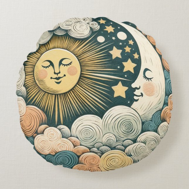 Sonne und Mond MoonChild Sunshine Rundes Kissen (Vorderseite)