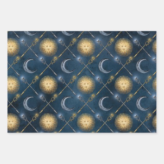 Sonne und Mond Muster auf blau Geschenkpapier Set (Vorderseite 3)
