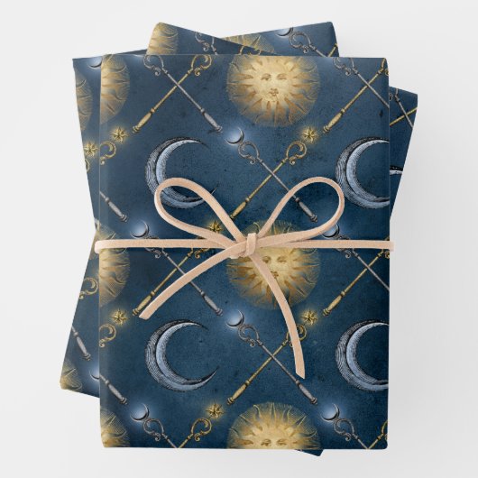 Sonne und Mond Muster auf blau Geschenkpapier Set (Beispiel)