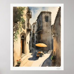 Sonnen Dorf Gasse Kunstprint, Kopfsteinpflasterstr Poster