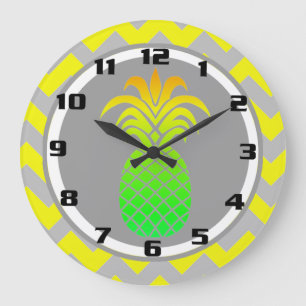 Sonnen Gelb und Grau Ananas auf Chevron Muster Große Wanduhr