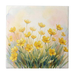Sonnen-Gelbe Wildblumen-Wasserfarbe Fliese