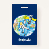 Sonnenastronaut im Weltraum und Cartoon der Erde Ausweis (Rückseite)