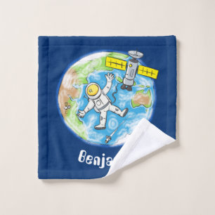 Sonnenastronaut im Weltraum und Cartoon der Erde Badhandtuch Set