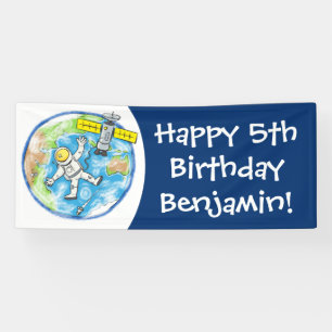 Sonnenastronaut im Weltraum und Cartoon der Erde Banner