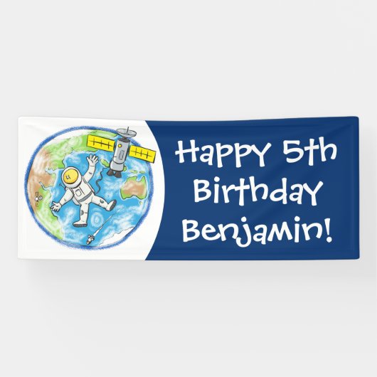 Sonnenastronaut im Weltraum und Cartoon der Erde Banner (Horizontal)