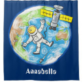 Sonnenastronaut im Weltraum und Cartoon der Erde Duschvorhang (Vorderseite)