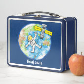 Sonnenastronaut im Weltraum und Cartoon der Erde Metall Brotdose (Beispiel)