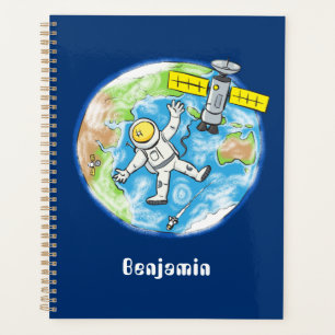 Sonnenastronaut im Weltraum und Cartoon der Erde Planer