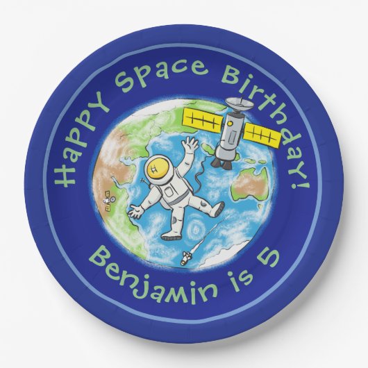 Sonnenastronaut mit Satellit über Cartoon Pappteller (Vorderseite)