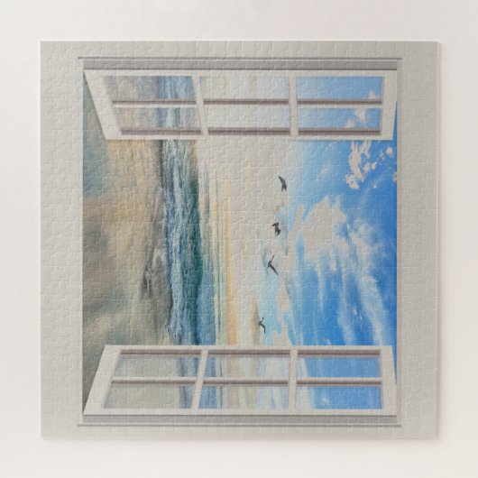 Sonnenaufgang am Meer durch das Fenster Puzzle (Horizontal)