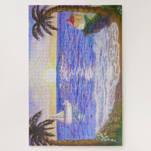 Sonnenaufgang am Ozean, Küstenlandschaft, Yacht & Puzzle (Vertikal)