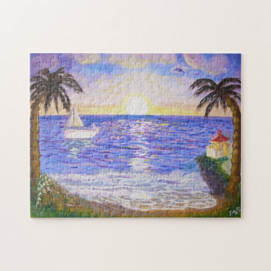 Sonnenaufgang am Ozean, Küstenlandschaft, Yacht & Puzzle (Horizontal)