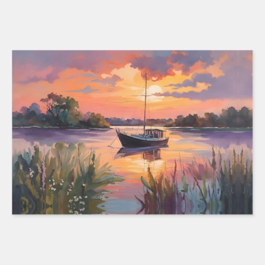 Sonnenaufgang am Teich Aquarell/Serenlandschaften Geschenkpapier Set (Vorderseite 3)