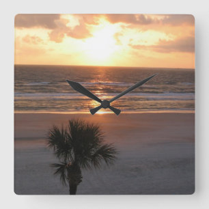Sonnenaufgang an der Strandwanduhr Quadratische Wanduhr