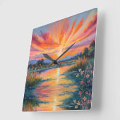 Sonnenaufgang an der Wasserfarbe des Teiches Quadratische Wanduhr (Winkel)