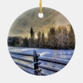 Sonnenaufgang auf einer Winterweide im Schnee Keramikornament (Hinten)