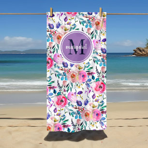 Sonnenaufgang Boho Floral Lila und Weiß Monogramm Strandtuch