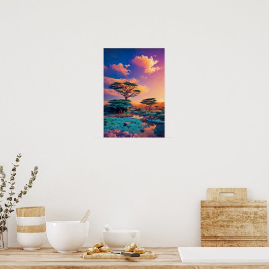 Sonnenaufgang, der die afrikanische Landschaft mal Poster (Küche)