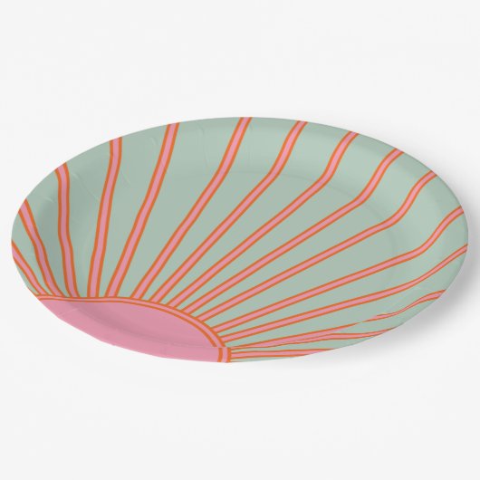 Sonnenaufgang Grün und Rosa Abstrakt Retro-Sonnens Pappteller (Schrägansicht)