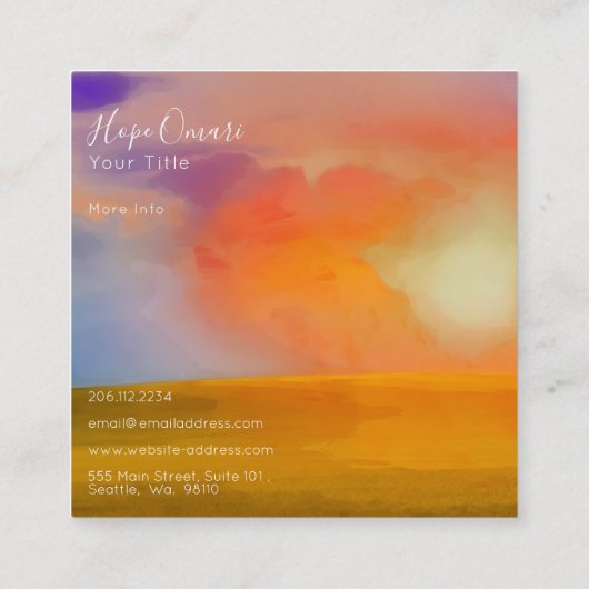 Sonnenaufgang im Wasser über goldenes Feld Quadratische Visitenkarte (Rückseite)