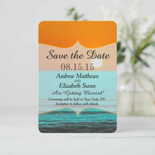 Sonnenaufgang in Orange Sky & Aquamarines Wasser Save The Date (Stehend Vorderseite)
