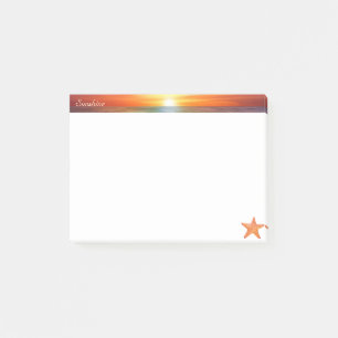 Sonnenaufgang, Kalligrafie und Seestern auf Weiß Post-it Klebezettel