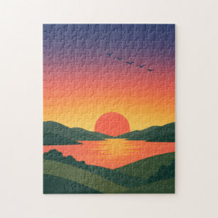 Sonnenaufgang Landschaft Hügel See Szene Puzzle