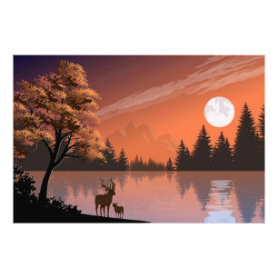 Sonnenaufgang Landschaft mit See und Deers-51207 Fotodruck