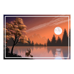 Sonnenaufgang Landschaft mit See und Deers-51207 Fotodruck